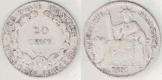 1901 A French Indo China silver 20 Centimes A003080